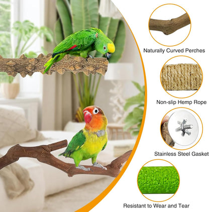 kathson 5pcs Natural Parrot Perch for Cage Wooden Bird Perches Grape Bird Stick Parakeet Climbing Standing Branches Toy Chewable Cage Accessories for Small Budgies Cockatiels Lovebirds Budgies