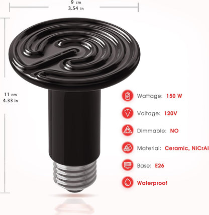 Ceramic Heat Emitter for Reptiles, 150W Heat Lamp Bulb, Ceramic Reptile Heat Bulb Black, No Light Emitting Heat Lamp for Amphibian Pet, Heat Bulb for Bearded Dragon Turtle Snake Lizard, 2 Pack