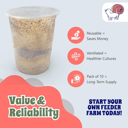 Snout and Shell Deli Cups with Fabric Vented Lids, 10 Pack - Secure Fruit Fly & Insect Cultures, Prevent Escapes & Contaminants, Easy Fruit Fly Media Preparation, Hot Liquid Safe