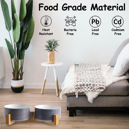 Petygooing Dog Bowls,Ceramic Cat Dog Bowl Set with Wood Stand for Food and Water,Non-Slip Weighted Cute Pet Dish Set for Cats and Medium Size Dogs (28OZ/6.1 in) Grey White