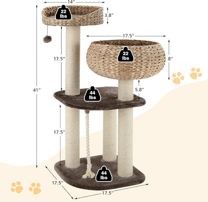 Tangkula Modern Cat Tree for Indoor Cats, Small/Tall Cat Tower with Natural Sisal Scratching Post, Hand-Made Wicker Cat Condo & Top Perch, Funny Hanging Toy Ball, Cute Cat Tree Tower for Large Cats