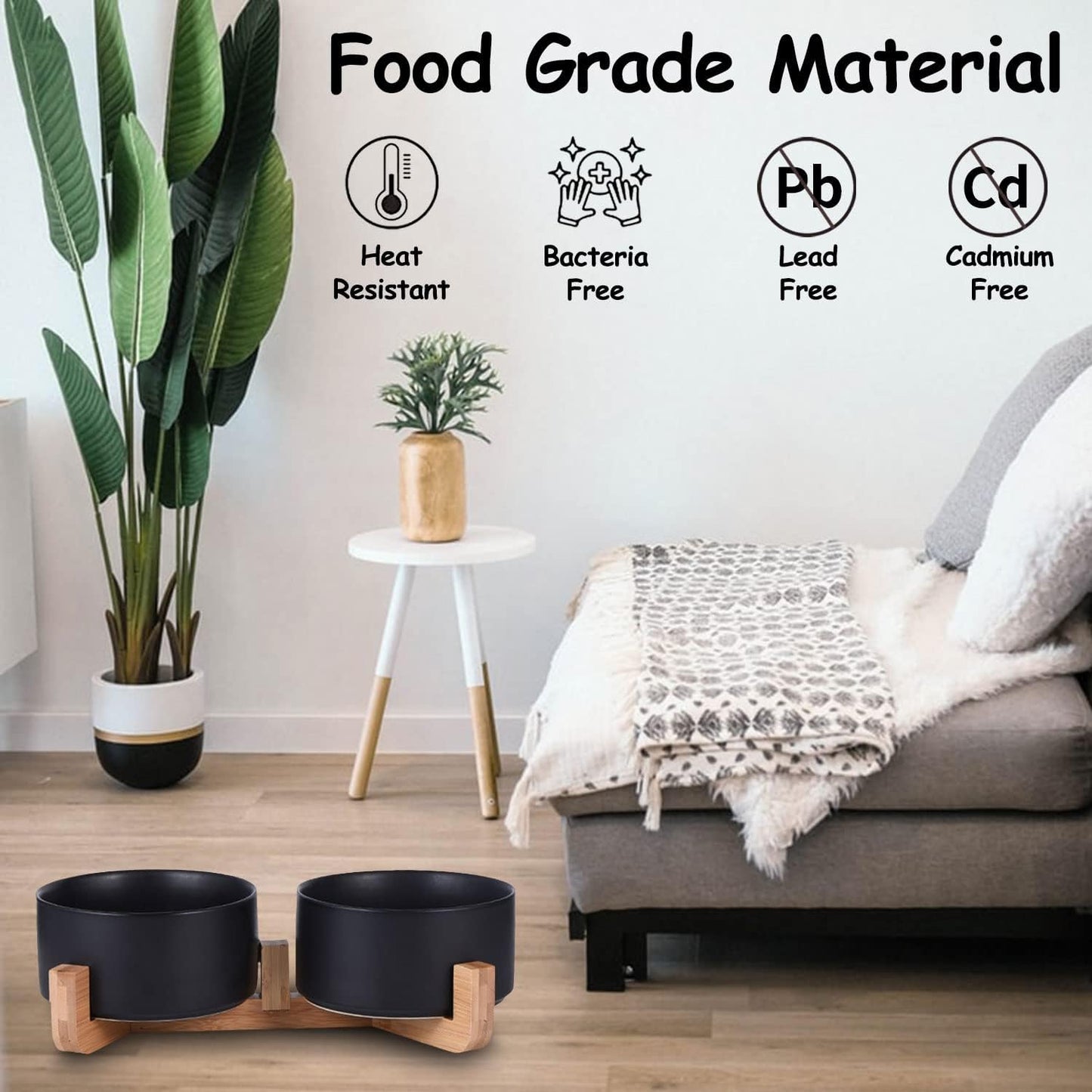 Petygooing Dog Bowls,Black Ceramic Cat Dog Bowl Set with Wood Stand for Food and Water,Non-Slip Cute Modern Pet Dish Set for Cats Small and Medium Dogs (28OZ/6.1 in)