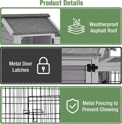 Wooden Rabbit Hutch with Wheels, Indoor Outdoor Bunny Cage with Removable Netting, Guinea Pig House with Leak-Proof Trays