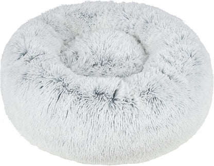 Best Pet Supplies Round Donut Dog Bed with Plush Faux Fur Fabric, Calming, Anti-Anxiety Cushion for Indoor Pets, Slip-Resistant Base, Soft Ergonomic Support - Light Warm Gray, 24x24x7''