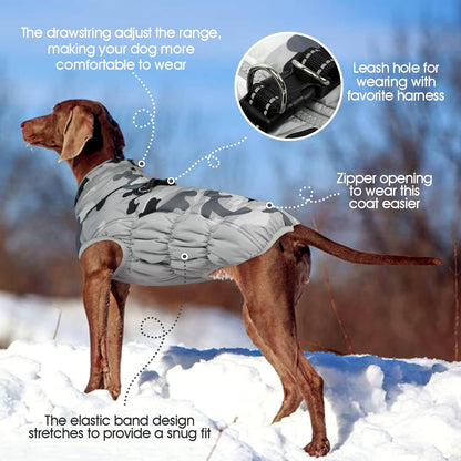 FUAMEY Dog Coat for Large Dogs,Waterproof Dog Winter Jacket with Harness Built in Puppy Cold Weather Coats Reflective Pet Vest with Zipper Warm Fleece Dogs Snowsuit Windproof Grey Camo L