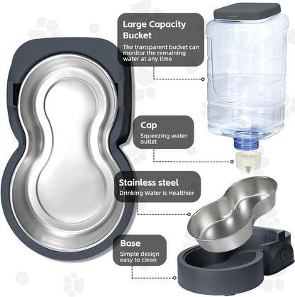 Automatic Cat Feeder and Water Dispenser with Stainless Steel Bowl Dog Gravity Food Feeder and Waterer for Small Medium Pets Puppy Kitten 1 Gallon x 2