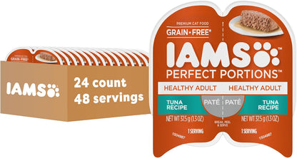 IAMS Perfect Portions Healthy Adult Grain Free Wet Cat Food Pate, Tuna Recipe, 2.6 oz. Easy Peel Twin-Pack Trays (24 Count, 48 Servings)