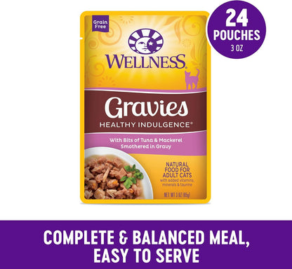 Wellness Healthy Indulgence Gravy Adult Wet Cat Food, Natural, Protein-Rich, Grain Free, 3 Ounce Pouch, 24 Pack, (Tuna & Mackerel)
