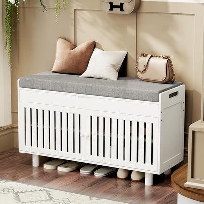 Storage Bench, Bamboo Shoe Bench with Padded Seat Cushion & 2 Doors, 2-Tier Entryway Bench with Lift Top Hidden Storage, 35.4" W x 12.6" D x 19.7" H, Shoe Rack Cabinet for Entryway, Living Room, White