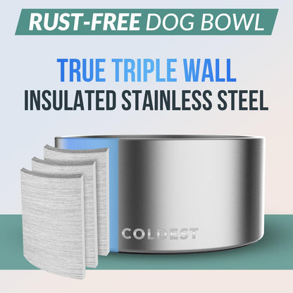 Coldest Dog Bowl - Anti Rust Metal, Non Slip, 3 Layers Insulated Stainless Steel Dog Bowls - Spill Proof & Heavy Duty - Water Bowl for Dogs, Cats, Dish Washer Safe (200 oz, Polished Stainless Steel)