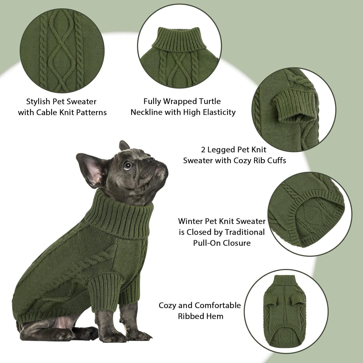 Queenmore Small Dog Pullover Sweater, Cold Weather Cable Knitwear, Classic Turtleneck Thick Warm Clothes for Chihuahua, Bulldog, Dachshund, Pug (Army Green, Medium)