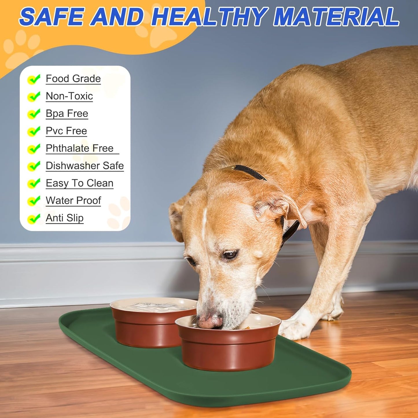 Silicone Pet Feeding Mat with Raised Edge for Food and Water, Dog Bowl Mats, Cat Bowls Placemat with High Lip for Floor Waterproof, Rubber Tray for Cats and Dogs 19 x 12 x0.7 Dark Olive