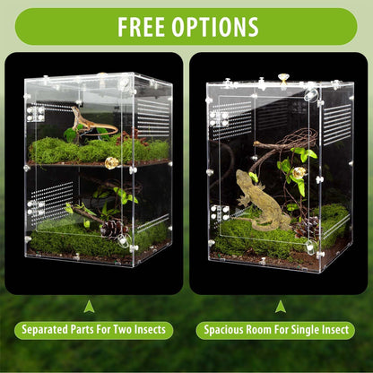 Large Jumping Spider Enclosure, 2 in 1 Acrylic Reptile Terrarium for Praying Mantis,Arboreal Tarantula,Frogs,Snails, 12"*8"*8" Breeding Habitat with Front & Top Opening Doors and Vent Holes