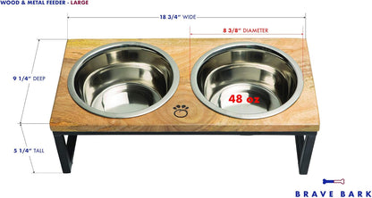 Mango Wood Dog Bowl Stand - Elevated Pet Feeder with 2 Stainless Steel Bowls - Raised Food and Water Dish Set for Dogs and Cats, Available in 4 Sizes, Pet Dining Station, Large/48oz