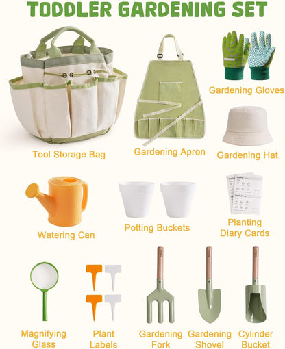 ROBUD Kid Gardening Set, Wooden Garden Tool for Kid, Garden Tool Kit with Tool Storage Bag, Apron, Gloves, Montessori Toys for Kids to be Closed to Nature, WRP25