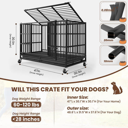 LEVELEVE 48 Inch Heavy Duty Indestructible Dog Crates for Large Dogs，Escape Proof Dog Cage Large Dogs with Lockable Wheels，Dog Kennel Furniture Indoor&Outside