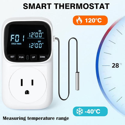 KABASI Digital Temperature Controller, Only Fahrenheit Dispaly Heavy Duty 15A Thermostat Outlet with Sensor, Heating Cooling Control Timer Plug Socket for Greenhouse Refrigerator Terrarium Aquarium