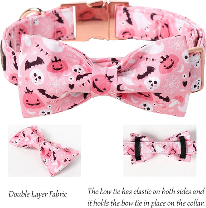Lionet Paws Halloween Dog Collar, Cute Fall Pink Dog Collar for Medium Dogs, Adjustable Cotton Pumpkin Ghost Pet Collars for Small Medium Dogs