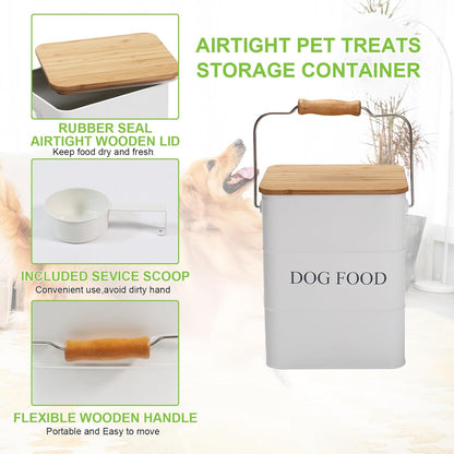 Dog Food storage container Dog Treats Jar,5~6 lb Metal food treats tin for Dog, pet snacks Canisters with wooden lid/handle/sevice scoop-White