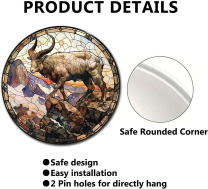 Lygond Metal Sign Tin Sign Circular Stained Glass Mountain Goat Tin Sign Gift for Garage 12×12 Inches
