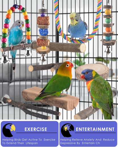Bissap 10 PCS Bird Chew Toys, Parakeet Natural Wood Parrot Hanging Cage Toy Swing Rope Paw Fork Perch Stand Platform for Small Birds Conure Cockatiel Parrotlet Lovebird Budgie Exercise Training