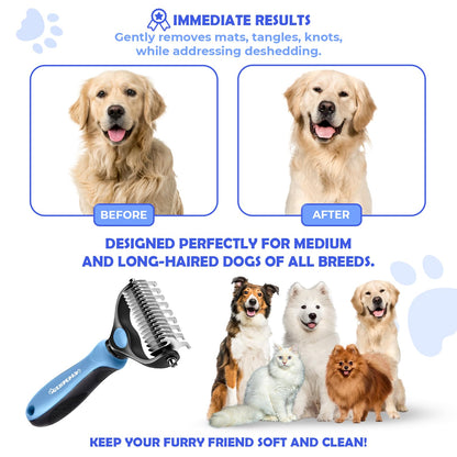 Undercoat Rake for Dogs & Cats, Dematting Comb with Extra Wide Double-Sided Stainless Steel Teeth for Detangling, Deshedding, Brushing, Thinning & Removing Shed Fur, Knots, Mats, and Tangles in Pets