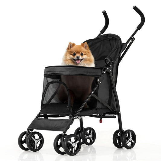 MoNiBloom 4 Wheels Pet Stroller, Easy-Fold Puppy Cage Jogger Stroller with Sun Cover, Pad and Rear Storage Bag, Breathable and Visible Mesh for Small/Medium Pets up to 22 lbs, Black