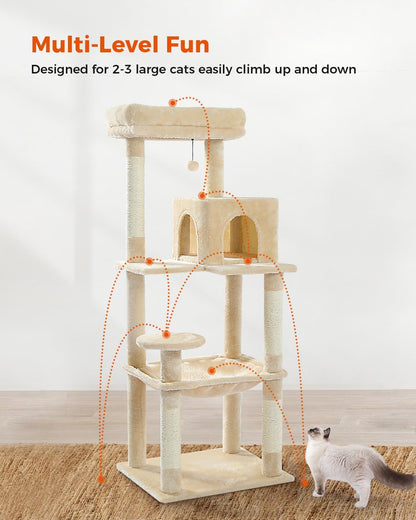 Cat Tree for Large Cats Adult with Metal Plush Big Hammock, 56.3" Cat Tower with 2 Door Condo House, 6-Tier Cat Shelves with Scratching Posts and Large Top Perch, Beige