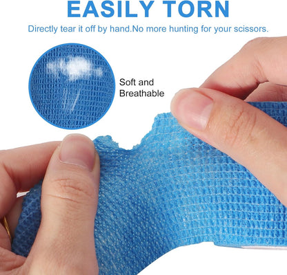 24 Pack Self Adherent Cohesive Wrap Bandages, 2” x 5 Yards Blue Athletic Tape, Medical Tape, Vet Wrap, Elastic Grip Tape for Sports Wrist Ankle Pet Ankle Swelling Sprains