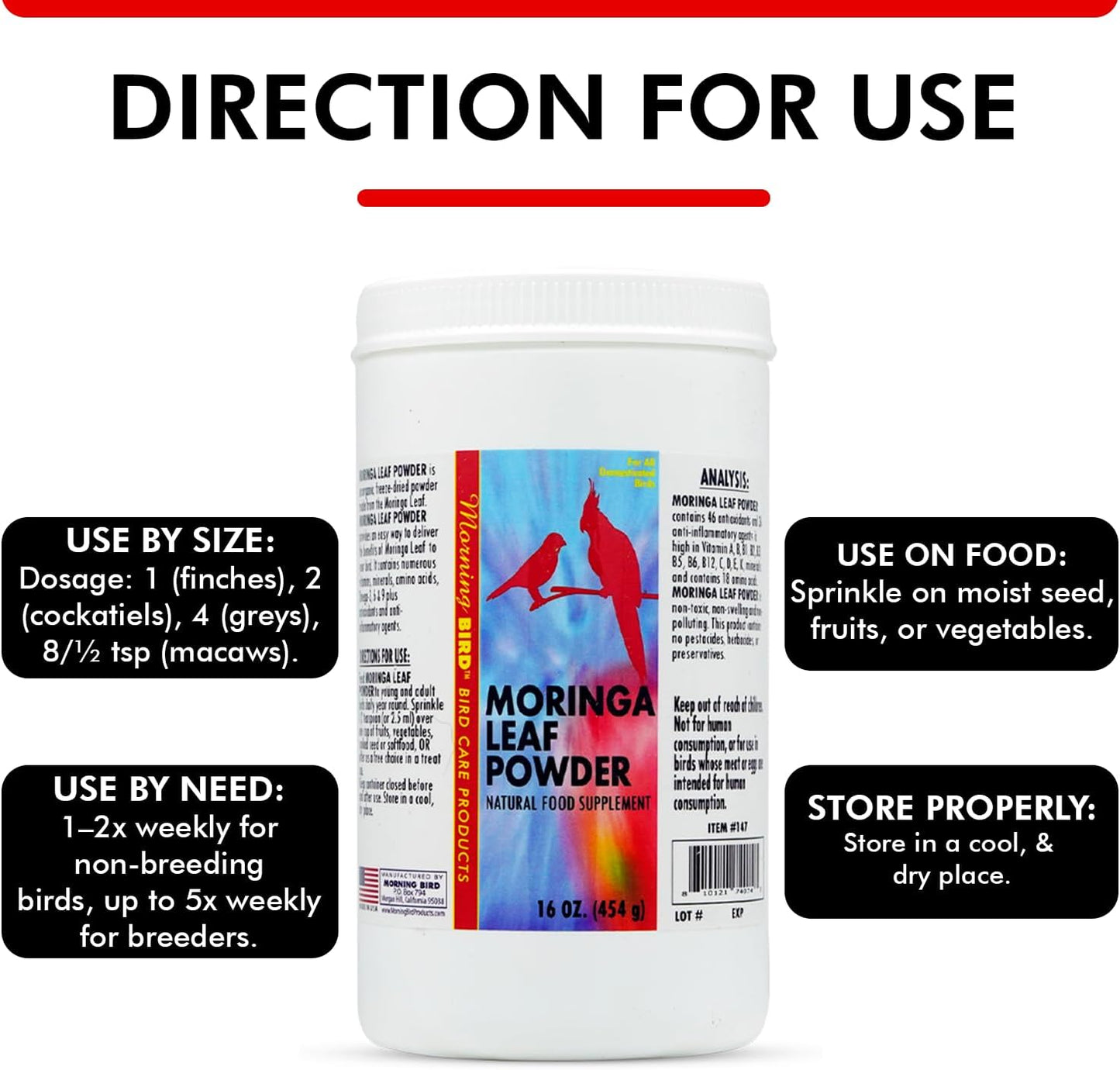 Morning Bird Moringa Leaf Powder 16 Oz – Natural Food Supplement with Omega-3, Iron, Vitamins B & K – Supports Detox, Energy, Brain & Immune Health – Clean Plant-Based Supplement for All Birds