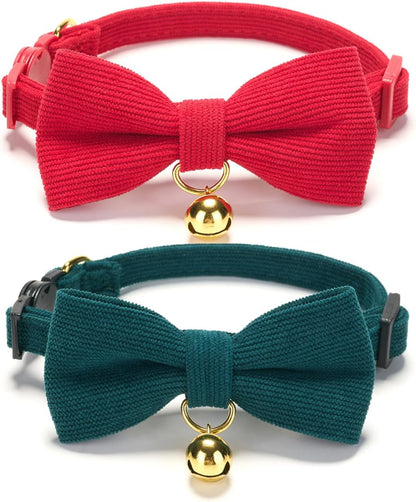 2 Pack Soft Corduroy Christmas Cat Collars with Bow Tie & Bell, Adjustable Breakaway Cotton Kitty Bowtie Collar for Girl Boy Kitten (Red & Green)