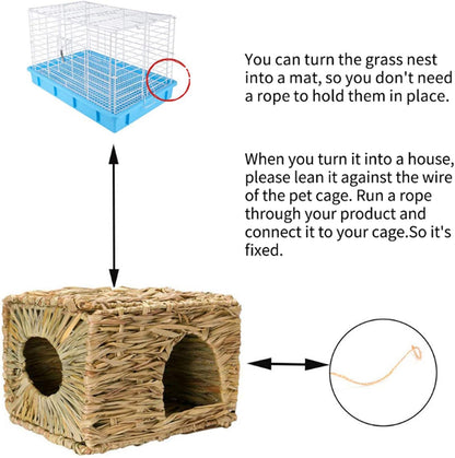 kathson 2 Pcs Rabbit Grass House Natural Foldable Hand Woven Seagrass Bed Carrot Hay Toy Hut Safe Comfortable Playhouse with Bunny Chew Toys for Bunny Hamster Guinea Pig Chinchilla Ferret