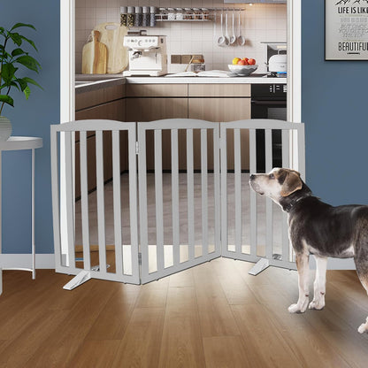 ZJSF Foldable Freestanding Indoor Dog Gate for House Wood Long Pet Gates Dog Fence for Stairs Puppy Gates for Hallways, Puppy Gate,Support Feet Included, Grey, 32 "Height-3 Panels