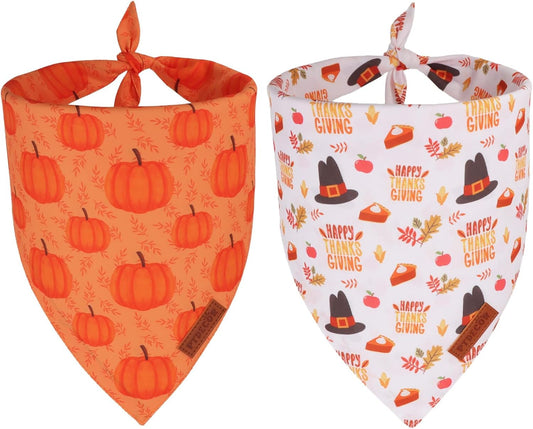 PTDECOR Thanksgiving Fall Dog Bandanas, Orange White Reversible Holiday Pet Scarf, Happy