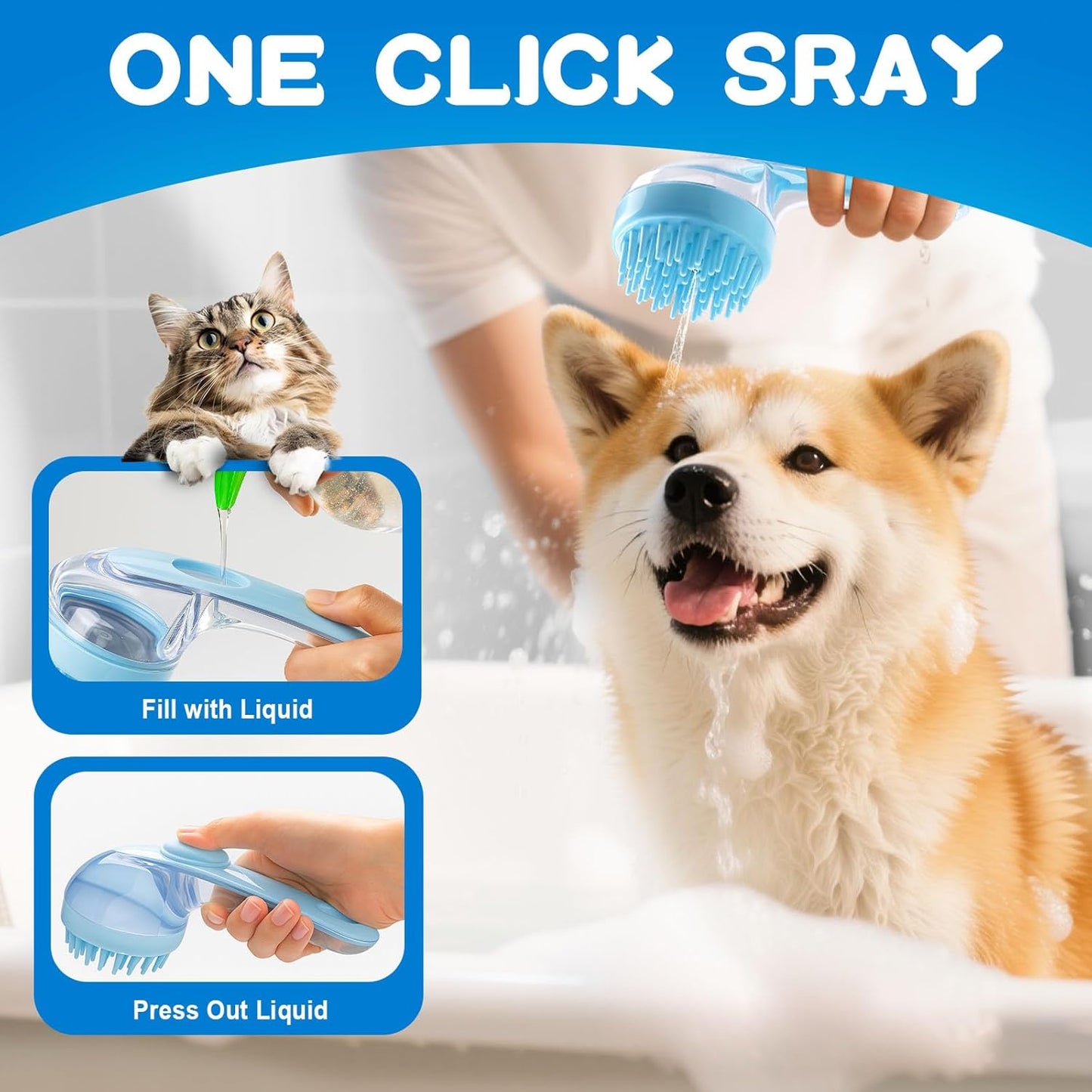 Dog Bath Brush, Silicone Pet Bath Brush with Soap Dispenser,Deep Cleansing & Gentle Massage for Dogs & Cats, Suitable for Long & Short Hair, Easy Grip, Bathing & Grooming(Blue)