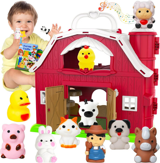 Big Musical Red Barn Toy Farm Animal Finger Puppets for 1 2 3 4 5 Years Old, Animal Figures Playset with Farm Tails Baby Book, Sensory Learning Toys Gift for Toddlers Boys Girls
