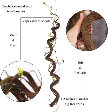 63in Bendable Thick Artificial Tree Branches Faux Wood Tree Trunk Twigs Grapevines Moss Plants Garland With Green Leaves For Wall Hanging Reptile Climbing Halloween Outdoor Arch Home Garden Decoration