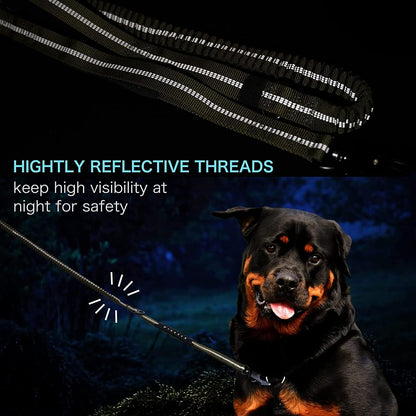 Heavy Duty Tactical Bungee Dog Leash, 4-6FT Shock Absorbing Tactical Leash with 2 Padded Handles, Metal Carabiner Clip,Car Seatbelt, Reflective Dog Leashes for Medium Large Dogs (Brown)