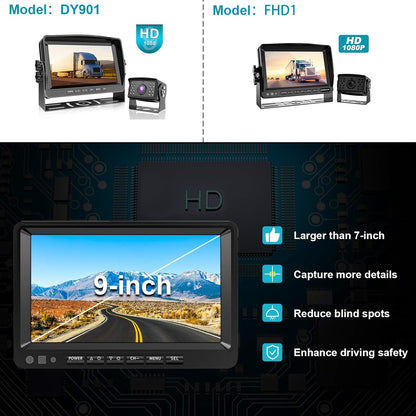 Fookoo ??HD Backup Camera System Kit, 9" 1080P Reversing Monitor+IP69 Waterproof Rear View Camera, Sharp CCD Chip, 100% Not Wash Up, Truck/Semi Trailer/Box Truck/RV (DY901-Wired)