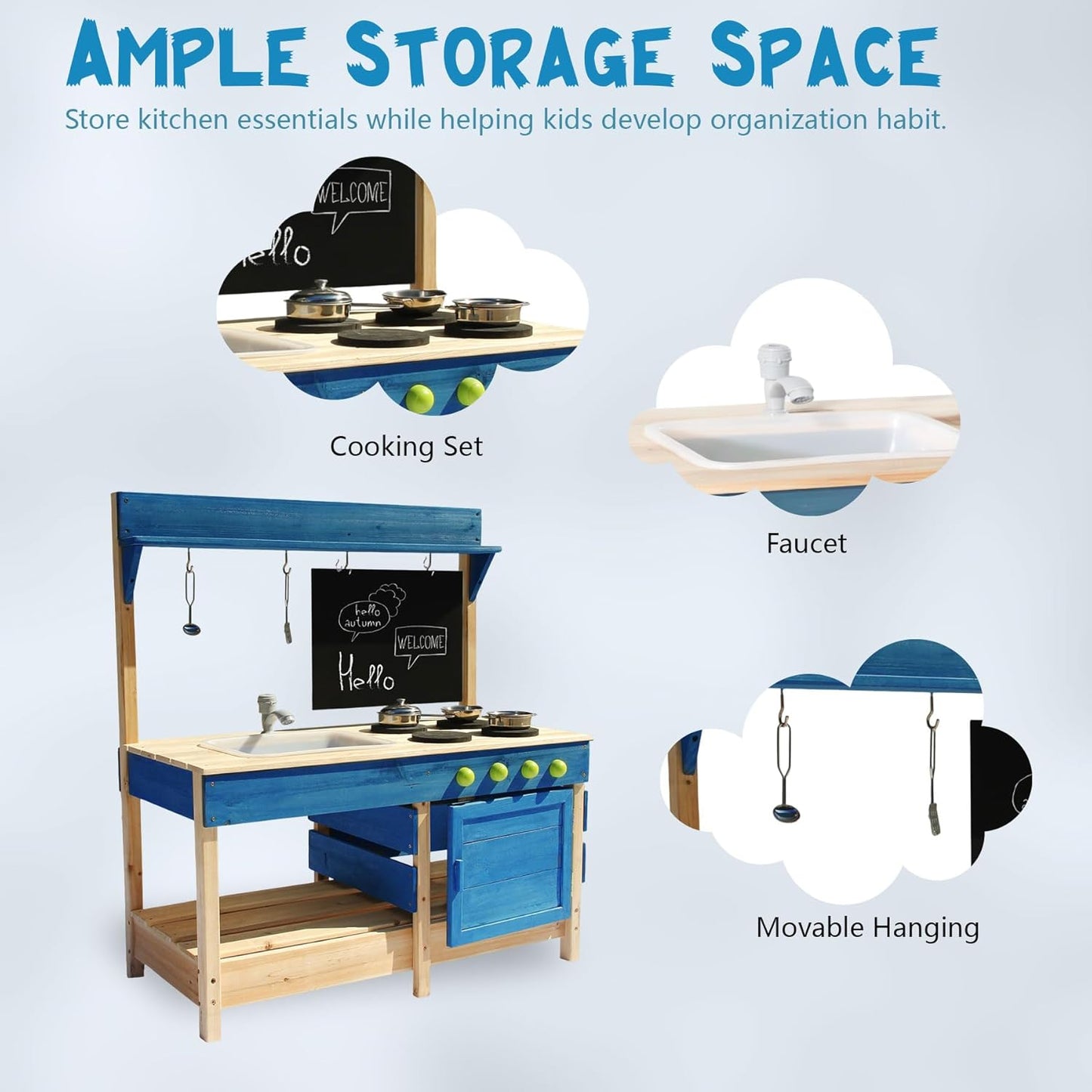 Mud Kitchen Playset for, Outdoor Wooden Toy Play Kitchen Set for Boys and Girls, Kitchen Accessories and Garden Sink with Faucet, Blackboard, Cookware Pot (Blue)