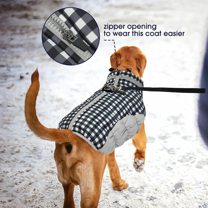 FUAMEY Dog Coat for Large Dogs,Waterproof Dog Winter Jacket with Harness Built in Puppy Cold Weather Coats Reflective Pet Vest with Zipper Warm Fleece Dogs Snowsuit Windproof Checkerboard XL