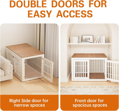 48" Heavy Duty Dog Crate Furniture for Small,Medium and Large Dogs,Rustic Wooden Dog Cage Kennel Indoor Furniture with Waterproof Top,Decorative Pet House Side End Table (White & Wood)