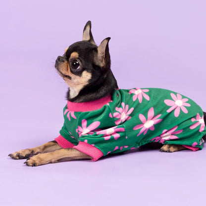 Fitwarm Flower Fleece Dog Pajamas, Warm Winter Dog Clothes for Small Dogs Girl, Cozy Pet Onesie with Feet, Dark Green, XXL