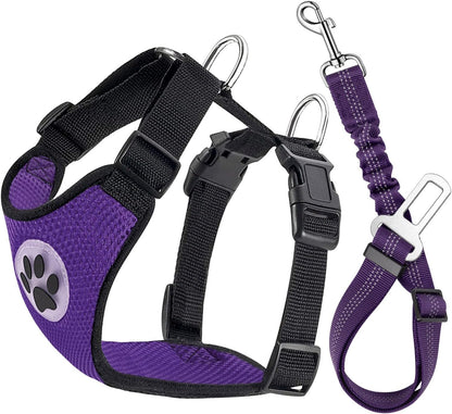 Lukovee Dog Safety Vest Harness with Seatbelt, Seat Belt Adjustable Pet Harnesses Double Breathable Mesh Fabric with Car Vehicle Connector Strap for Dog (Medium, Purple)