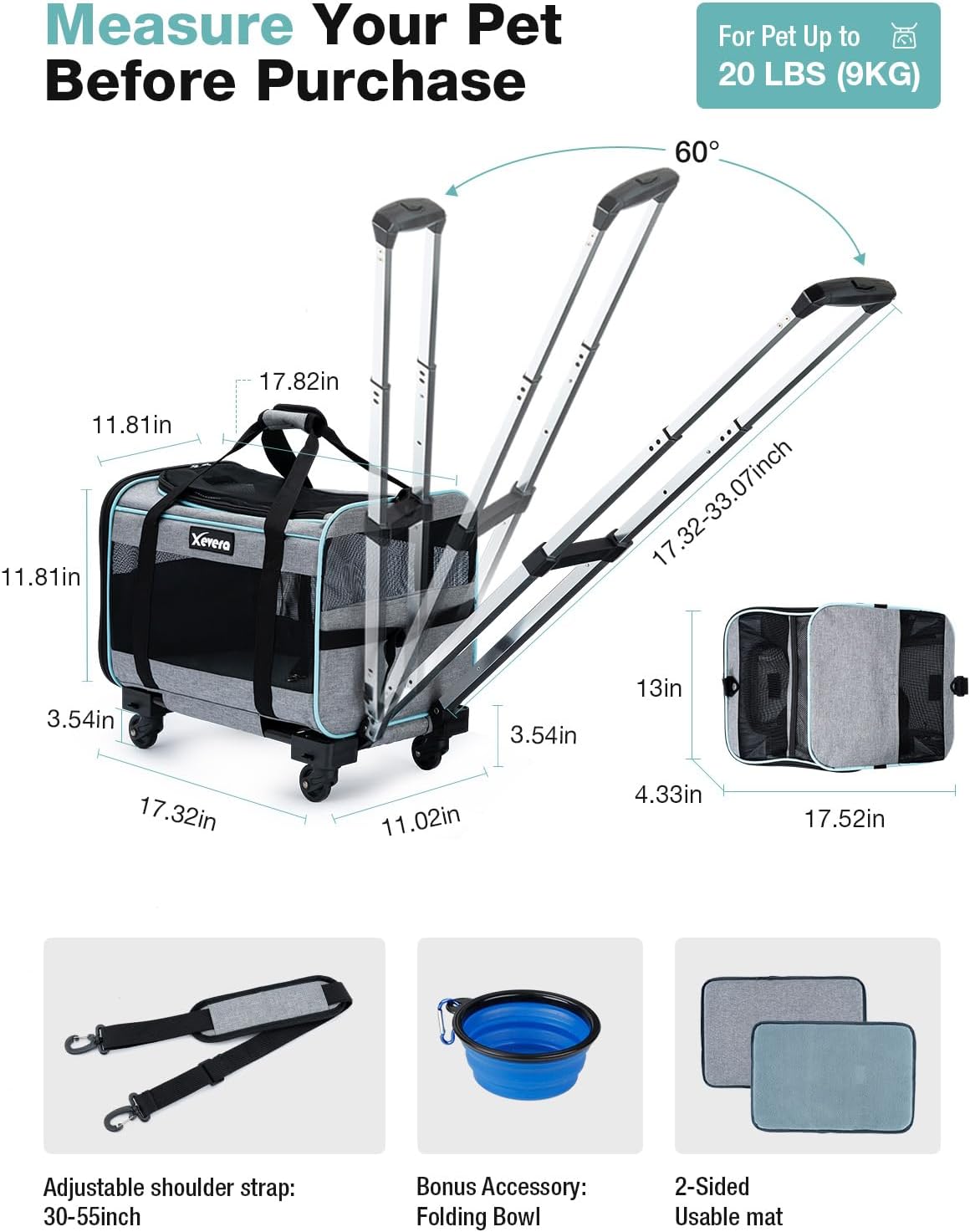 Dog Cat Carrier with Wheels, Airline Approved Pet Carrier for Cats Dogs 15lbs 20 lbs with Double-Sided Mat, Safety Leash and Shoulder Strap, Grey