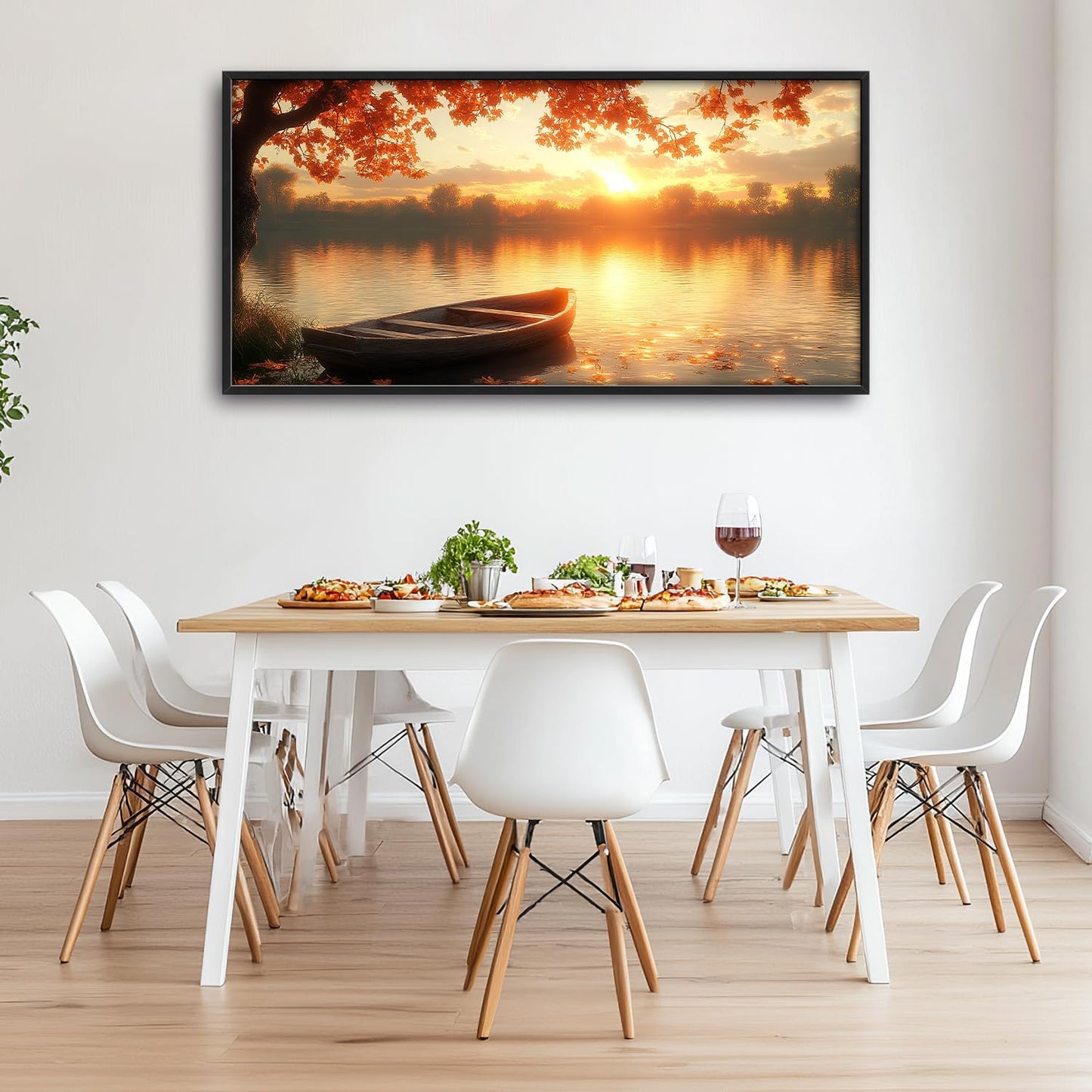 Large Lake Sunrise Landscape Wall Art for Living Room, Nature Boat Canvas Oversized Wall Decor, River Scenery Framed Pictures Painting Print Artwork for Bedroom Office 60"L x 30"W