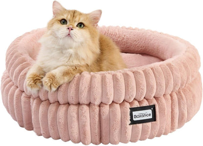 BALANCE Cat Bed Kitten Bed, Washable Round Cat Beds for Indoor Cats,Super Soft Plush Faux Fur Pet Bed for Puppy and Kitten with Anti-Slip Bottom