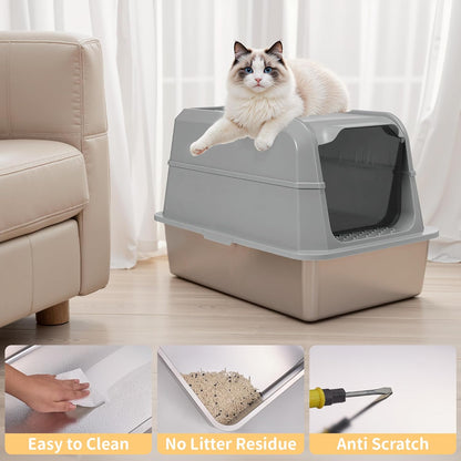 Stainless Steel Litter Box with Lid, XL Extra Large Cat Litter Box, Enclosed Metal Litter Pan with High Sided Enclosure & Scoop, Anti Leakage, Easy to Clean, Odor Control(Grey)
