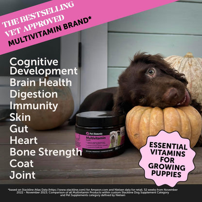 Multivitamin Puppy Treats - Essential Dog Supplements & Vitamins for Learning and Cognitive Development- Probiotics, Omega Fish Oil for Health, Heart & Immunity - Dog Health Supplies