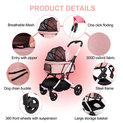 Pet Stroller for Medium Small Dog & Cat, Foldable Lightweight Dog Stroller with Storage Basket Pet Travel Carriage with Safety Leashes, 4 Wheel, Pink